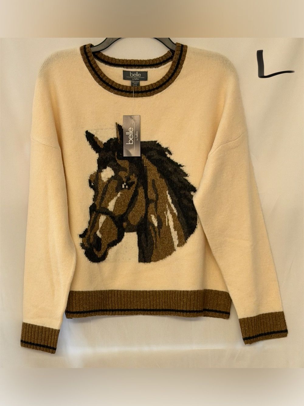 Belle by Kim Gravel Cream Sweater with Brown & Black Horse Intarsia